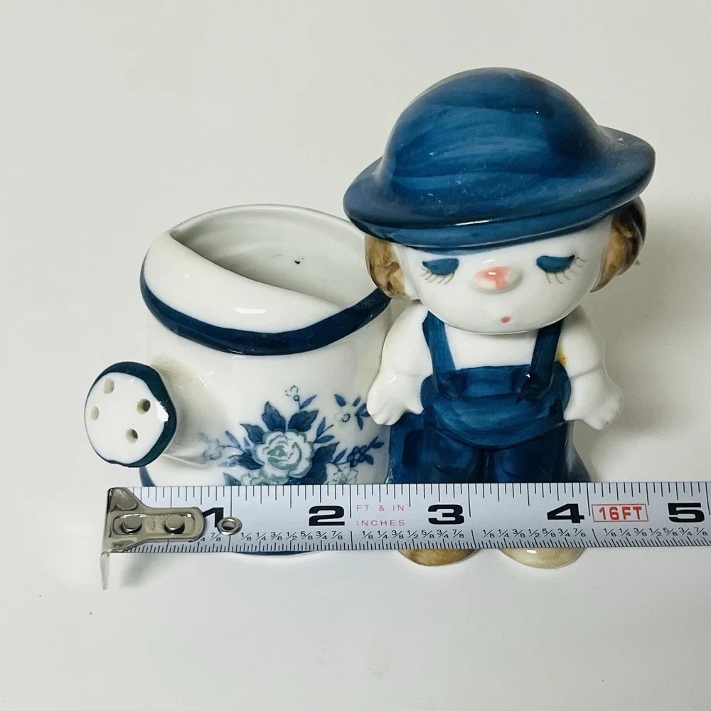 Vintage Boy In Blue Hat & Suspenders w/ Watering Can Miniature Planter Vase